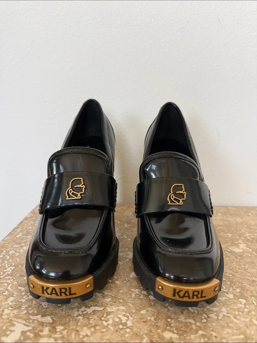 Karl Lagerfeld Paris Black Patent Loafer Pumps Gold Logo Lug Sole Platform Heels